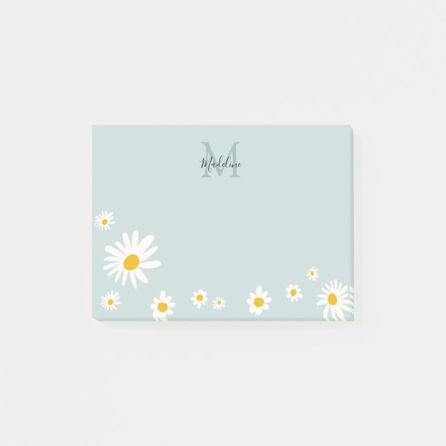 Cute Daisy Flower Modern Teal Monogram Post-it Notes (Front)