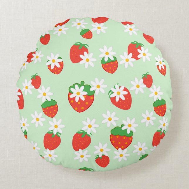 Cute Daisy Flower strawberry Christmas Pattern  Round Pillow (Front)