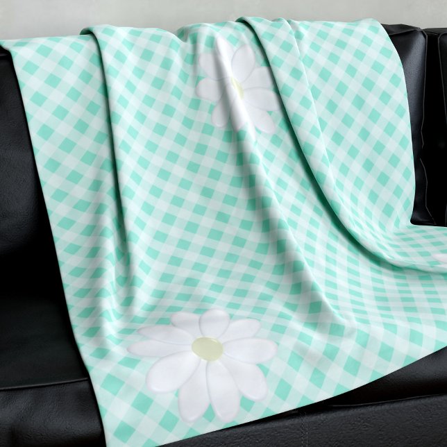 Cute Daisy Flowers Mint Green Gingham Check Fleece Blanket (A cute daisy and gingham check pattern fleece blanket just for you. Perfect for summer picnics)