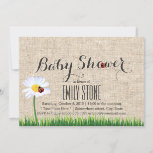 Cute Daisy & Ladybugs Burlap Baby Shower Invitation