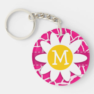 Cute Daisy on Bright Pink Giraffe Animal Print Keychain