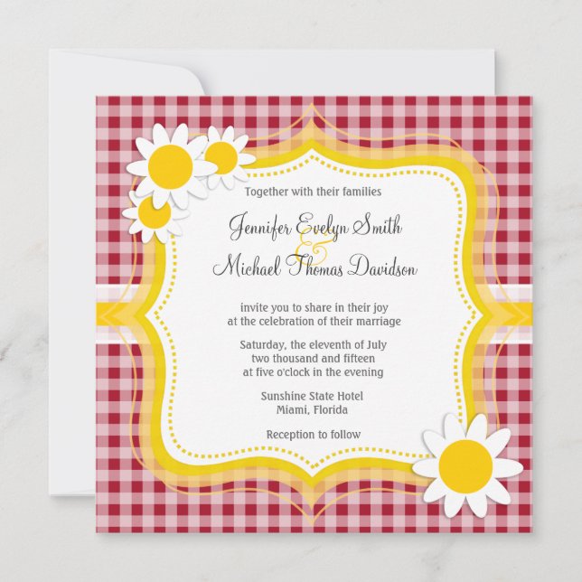 Cute Daisy on Carmine Red Gingham; Chequered Invitation (Front)