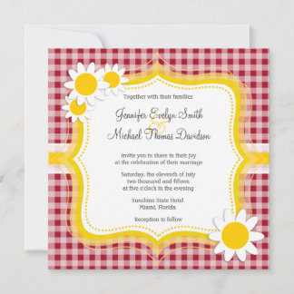 Cute Daisy on Carmine Red Gingham; Chequered Invitation