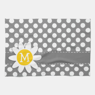 Cute Daisy on Dark Grey Polka Dots Kitchen Towel