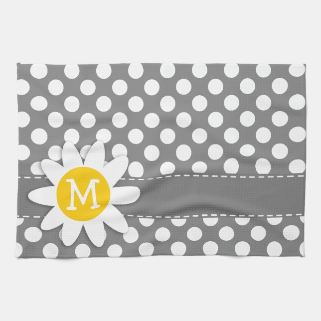 Cute Daisy on Dark Grey Polka Dots Kitchen Towel (Horizontal)