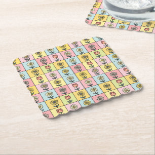 Cute daisy Red Pink Aqua Blue Flowers pattern Birt Paper Coaster
