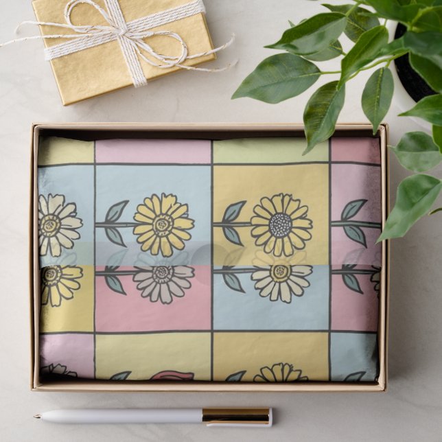 Cute daisy Red Pink Aqua Blue Flowers pattern Birt Tissue Paper (Gift)