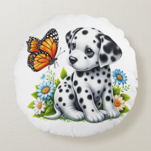 Cute Dalmatian/Butterfly friends Round Pillow
