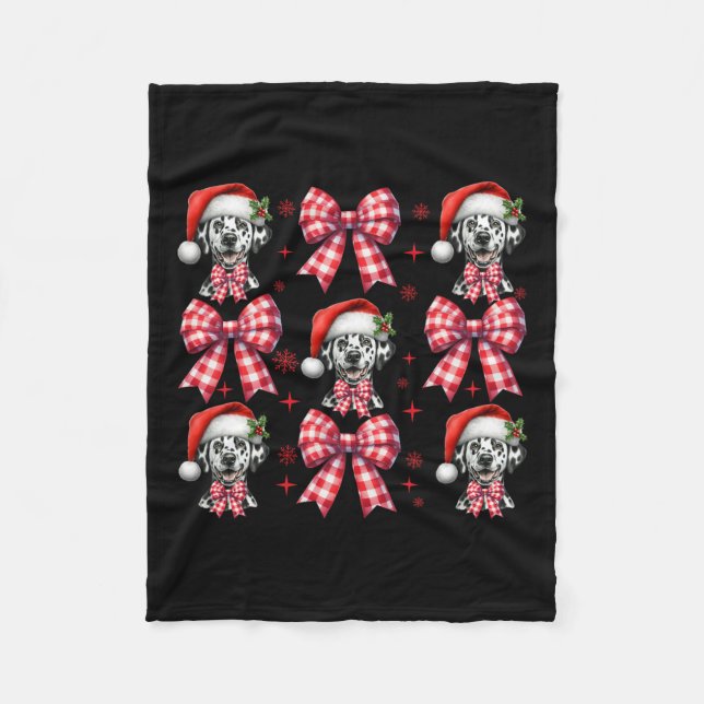 Cute Dalmatian Dog Red Plaid Coquette Bow Christma Fleece Blanket (Front)