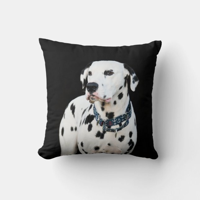 Cute Dalmatian Dog Spots black background Throw Pi Throw Pillow (Front)