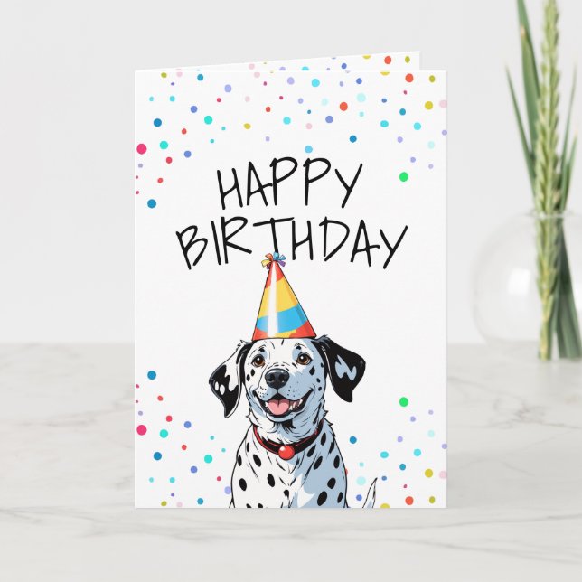 Cute Dalmatian Pup with Confetti Birthday Card (Front)