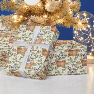 Cute Dalmatian Puppy in Basket Christmas Holly  Wrapping Paper