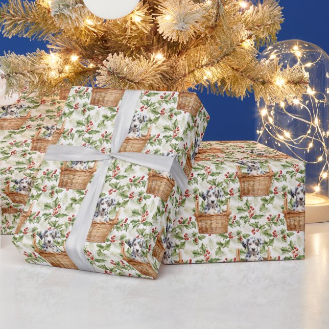 Cute Dalmatian Puppy in Basket Christmas Holly  Wrapping Paper (Holidays)