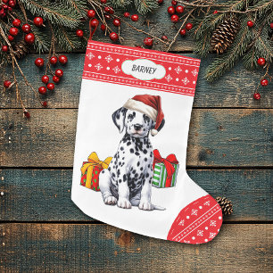 Cute Dalmatian Puppy Santa Hat Snowflake Large Christmas Stocking