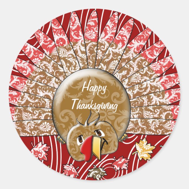 Cute Damask Cartoon Wood Grain Thanksgiving Turkey Classic Round Sticker (Front)