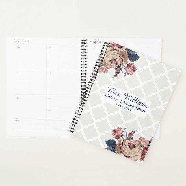 Cute Damask Floral Personalized Teacher Planner (Display)