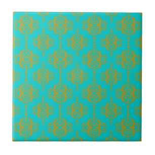 Cute Damask Pattern Gold over Turquoise Tile