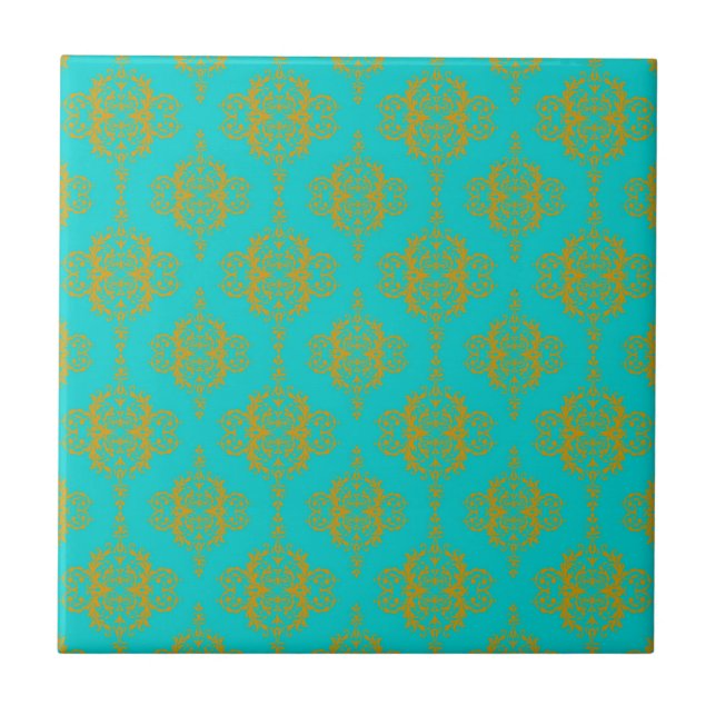 Cute Damask Pattern Gold over Turquoise Tile (Front)
