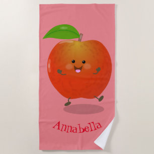 Cute dancing apple cartoon illustration beach towel