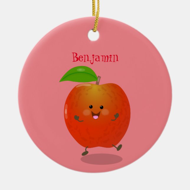 Cute dancing apple cartoon illustration ceramic ornament (Front)
