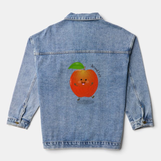 Cute dancing apple cartoon illustration denim jacket (Back)