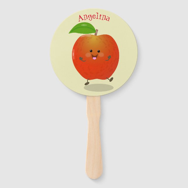 Cute dancing apple cartoon illustration hand fan (Front)