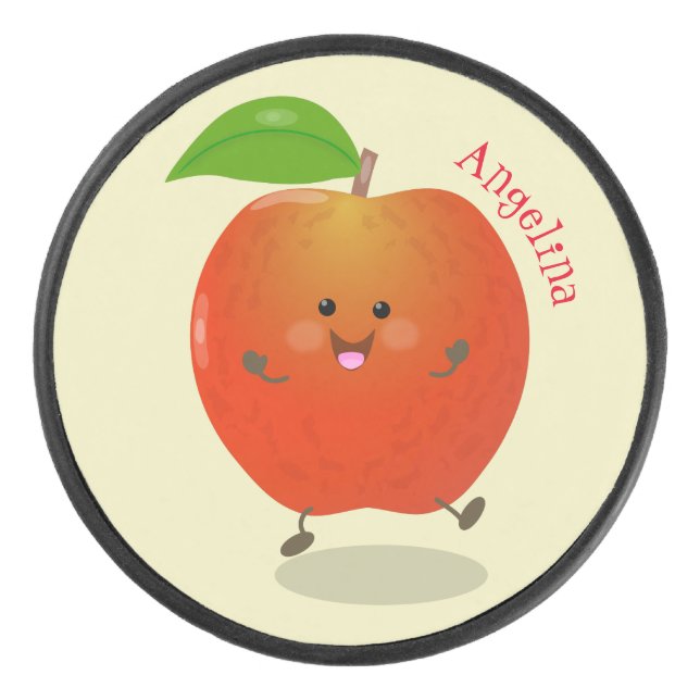Cute dancing apple cartoon illustration hockey puck (Front)