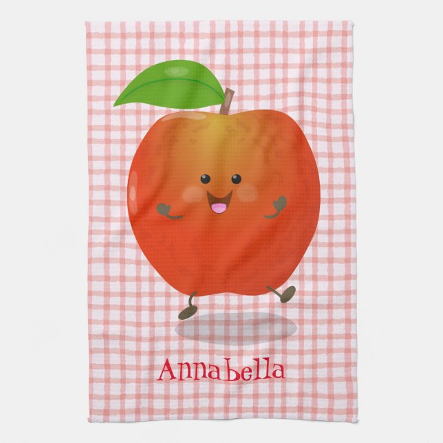 Cute dancing apple cartoon illustration kitchen towel (Vertical)