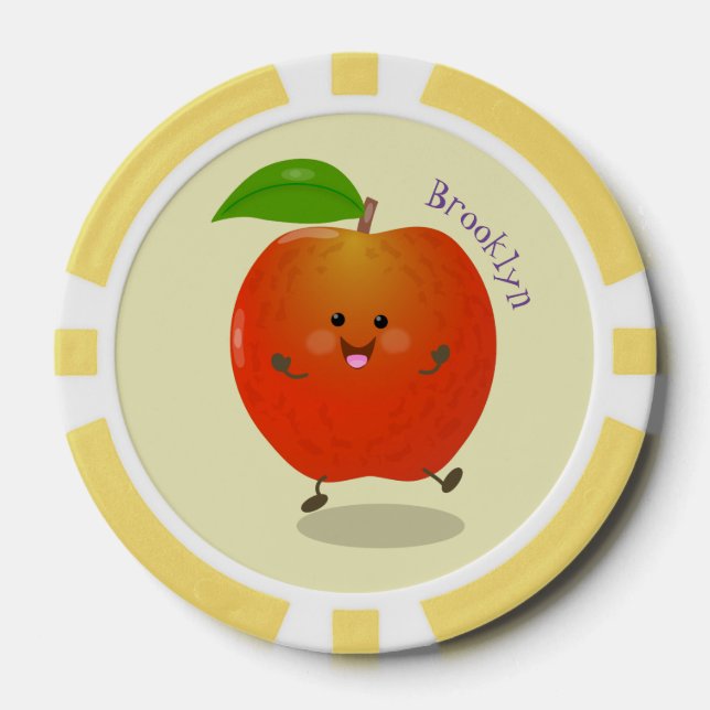 Cute dancing apple cartoon illustration poker chips (Front)