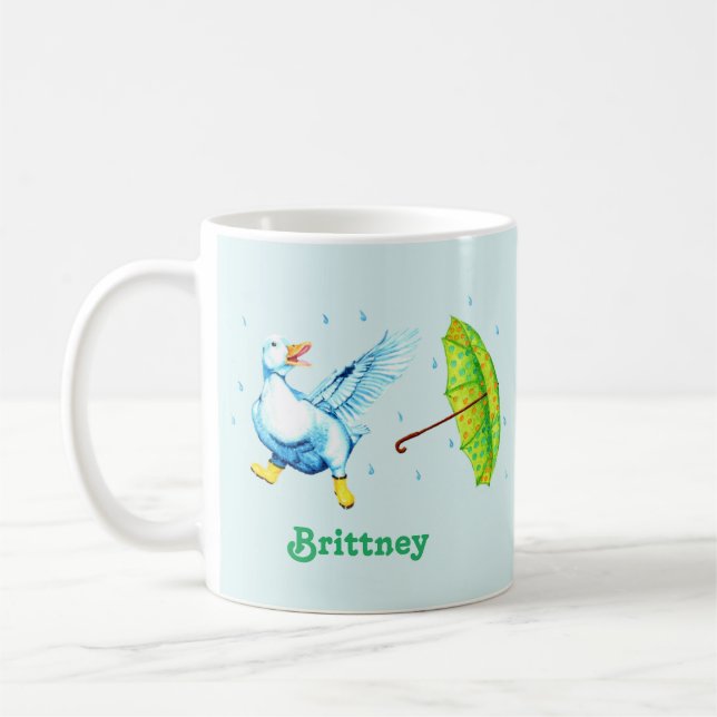 Cute Dancing Blue Duck with Polka-Dot Umbrella Coffee Mug (Left)