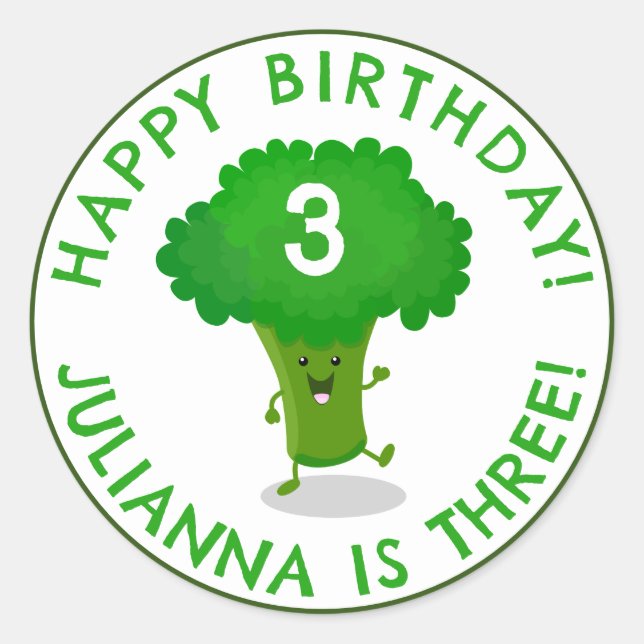 Cute dancing broccoli personalized birthday classic round sticker (Front)