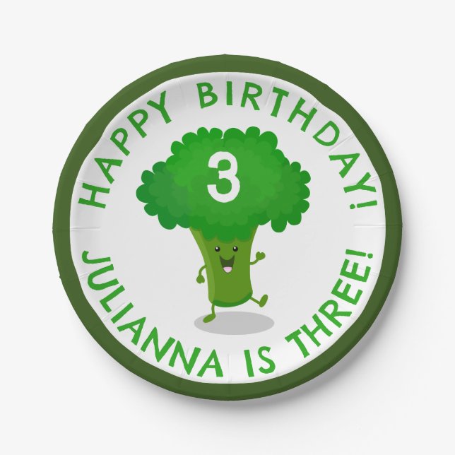 Cute dancing broccoli personalized birthday paper plate (Front)