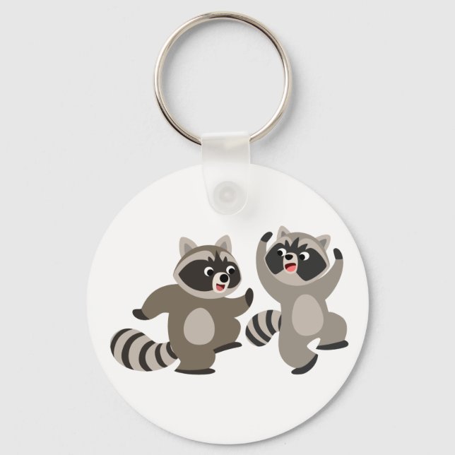 Cute Dancing Cartoon Raccoons Keychain (Front)