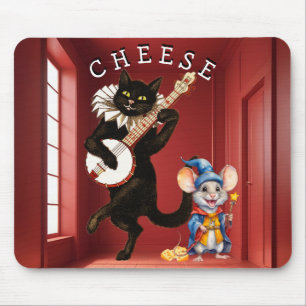 Cute Dancing Cat with Guitar and Mouse Friend  Mouse Pad