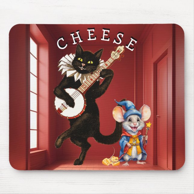 Cute Dancing Cat with Guitar and Mouse Friend  Mouse Pad (Front)