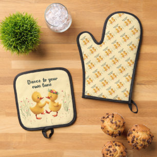 Cute Dancing Ducklings with Floral Spring Vibes Oven Mitt & Pot Holder Set