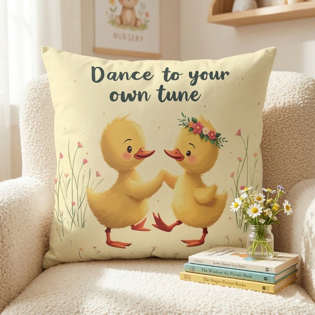 Cute Dancing Ducklings with Floral Spring Vibes Throw Pillow (Cute Dancing Ducklings with Floral Spring Vibes Throw Pillow On Armchair)