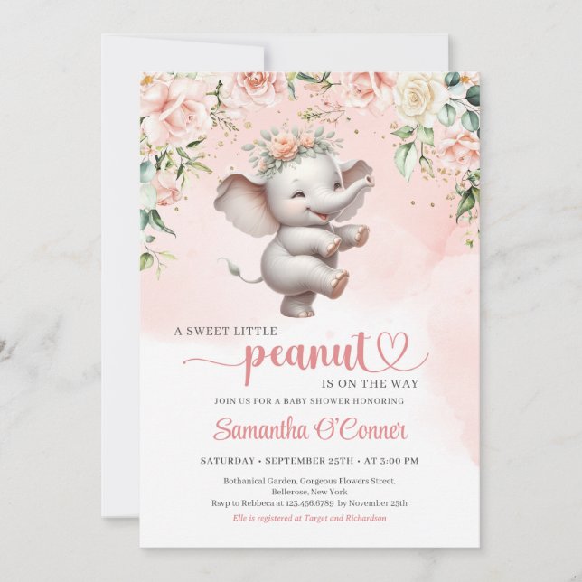 Cute dancing elephant boho blush pink floral girl invitation (Front)