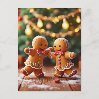 Cute Dancing Gingerbread Couple Christmas Holiday Postcard