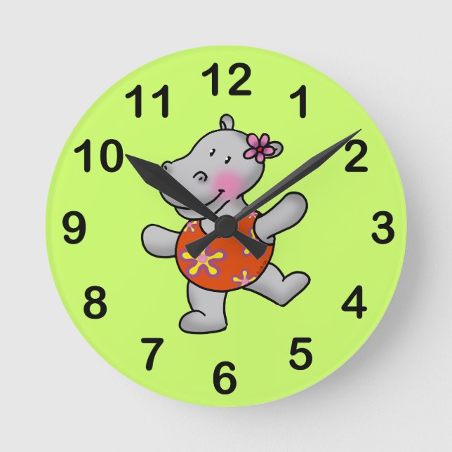 Cute dancing hippo round clock (Front)