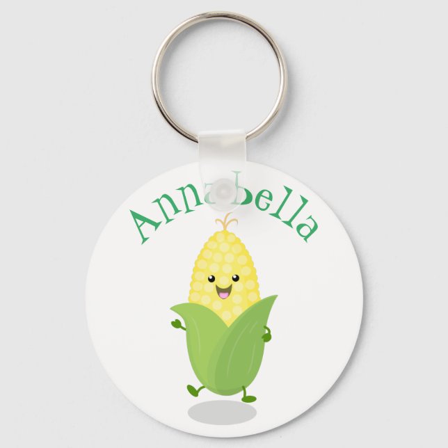 Cute dancing kawaii corn cob cartoon illustration keychain (Front)