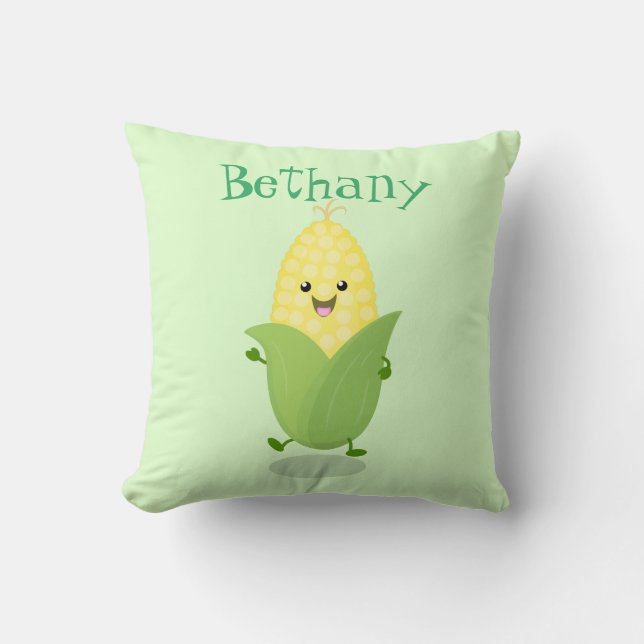 Cute dancing kawaii corn cob cartoon illustration throw pillow (Front)