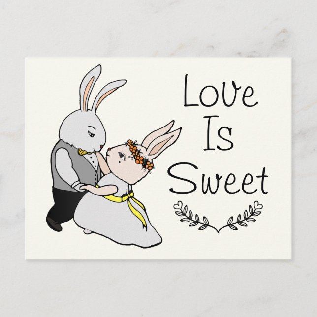 Cute Dancing Love Bunnies | Love is Sweet Wedding Postcard (Front)