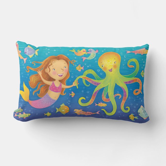 Cute Dancing Mermaid and Octopus Throw Pillow (Front)