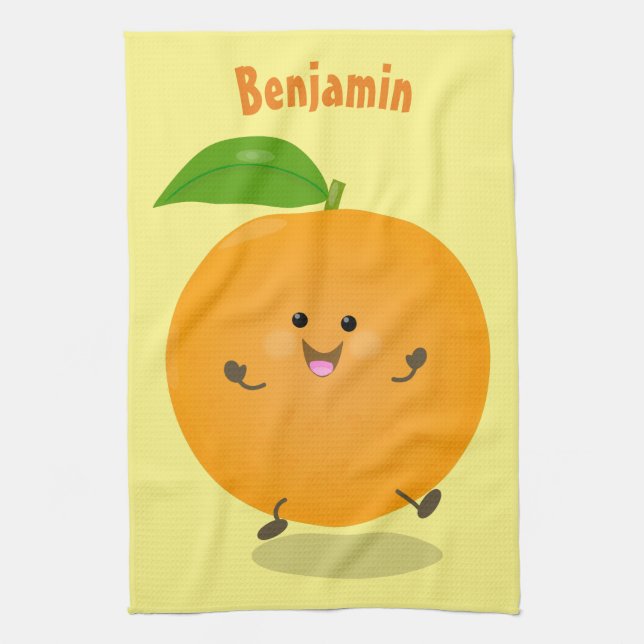 Cute dancing orange citrus fruit kitchen towel (Vertical)