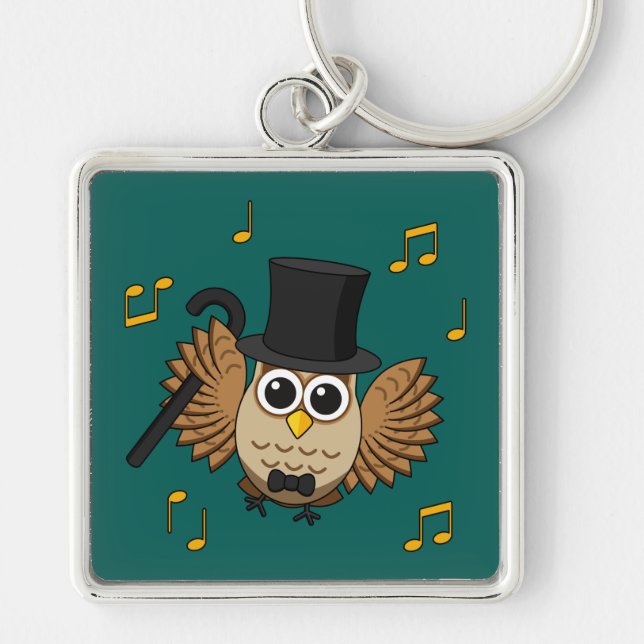 Cute Dancing Owl with Music Notes Cartoon Keychain (Front)
