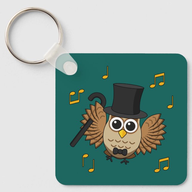 Cute Dancing Owl with Music Notes Cartoon Keychain (Front)