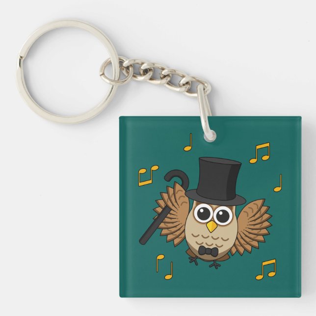 Cute Dancing Owl with Music Notes Cartoon Keychain (Front)