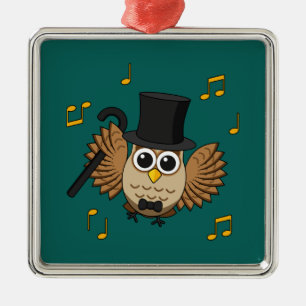 Cute Dancing Owl with Music Notes Cartoon Metal Ornament