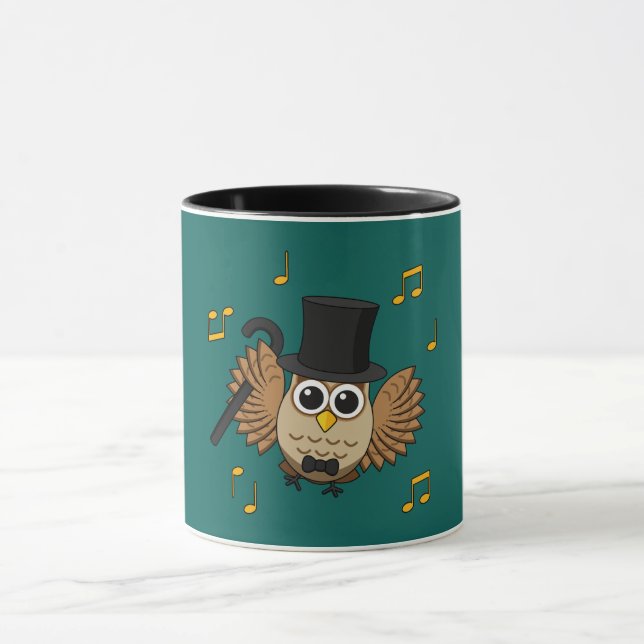 Cute Dancing Owl with Music Notes Cartoon Mug (Center)